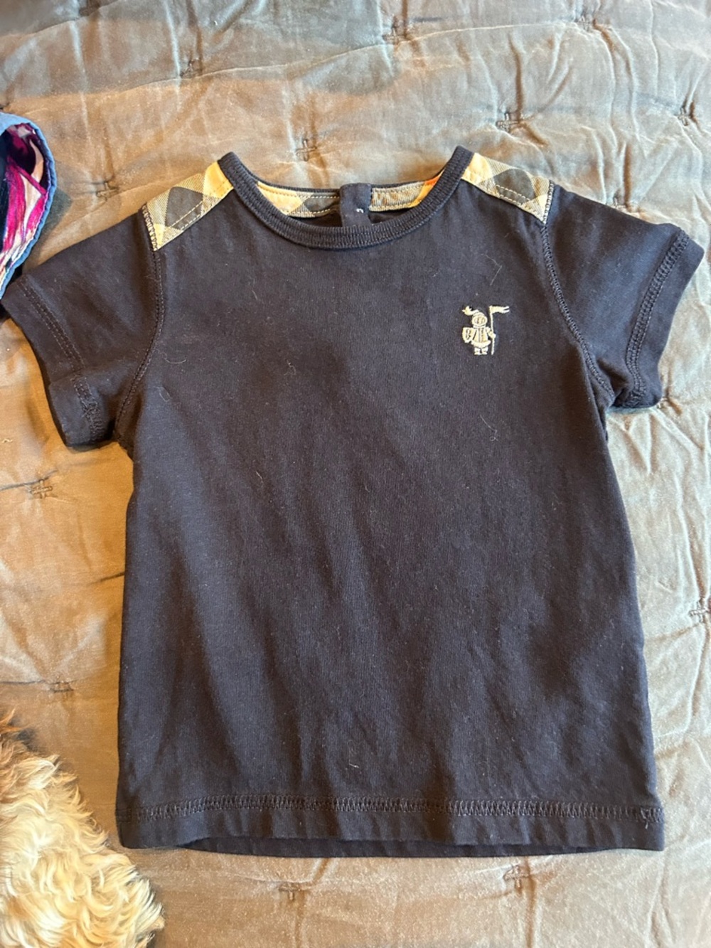 Burberry Black Short Sleeve Tee with Signature Plaid Shoulder Panels